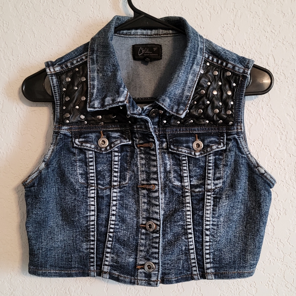 ChiQle Denim Architect Studded Jeweled ButtonUp Vest, L